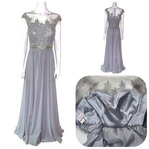 Let's lace rhinestone embroidered gray cup sleeves long gown L